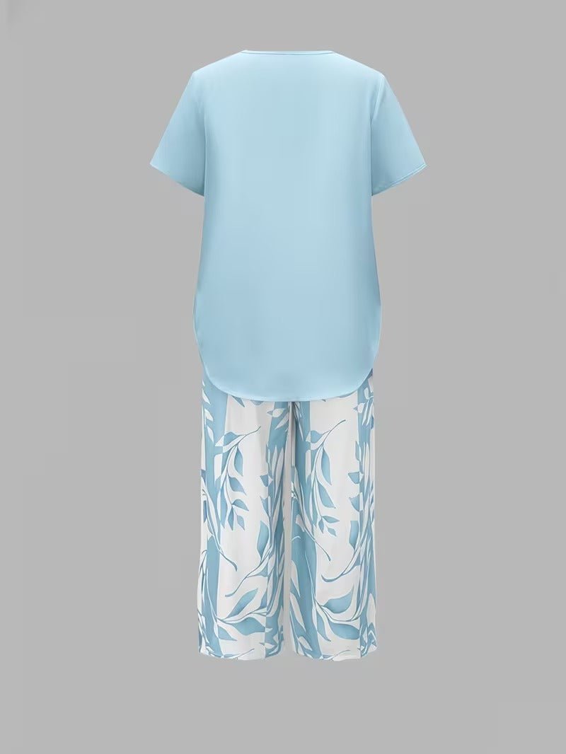 Damen Botanik-Print Kurzarm Zweiteiler Set
