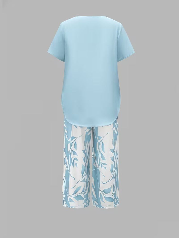 Damen Botanik-Print Kurzarm Zweiteiler Set