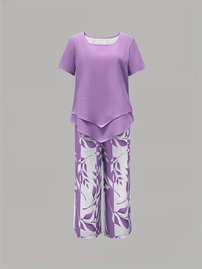 Damen Botanik-Print Kurzarm Zweiteiler Set