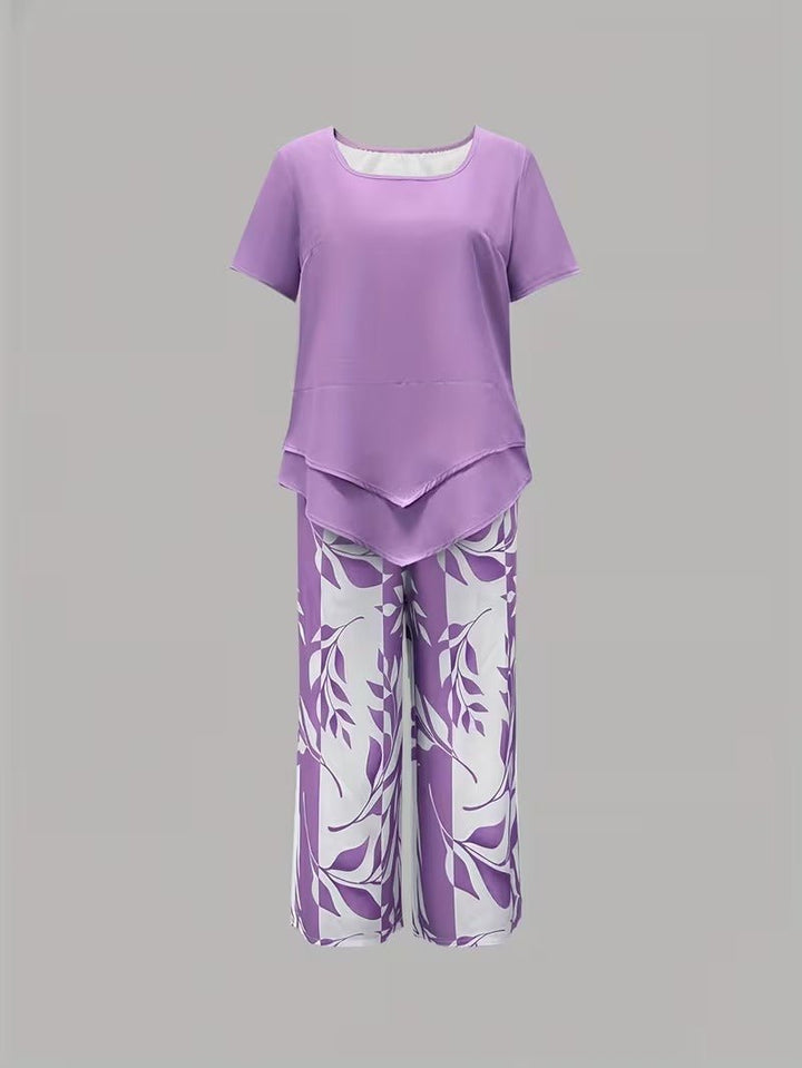 Damen Botanik-Print Kurzarm Zweiteiler Set