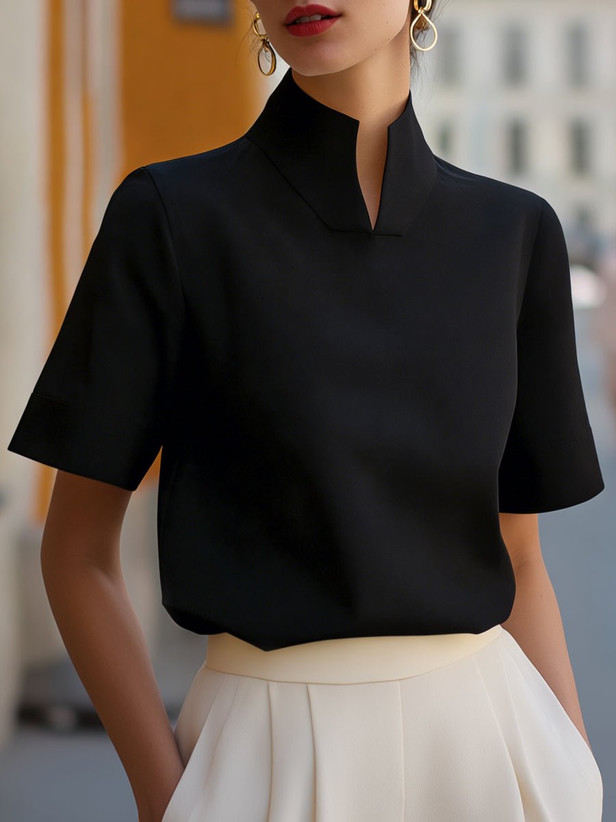 Damen Business Stehkragen Kurzarm Bluse - Black