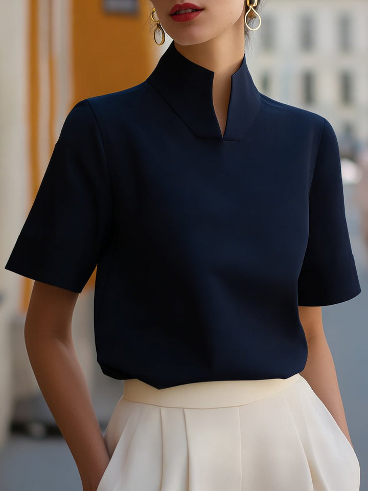 Damen Business Stehkragen Kurzarm Bluse - Navy Blue