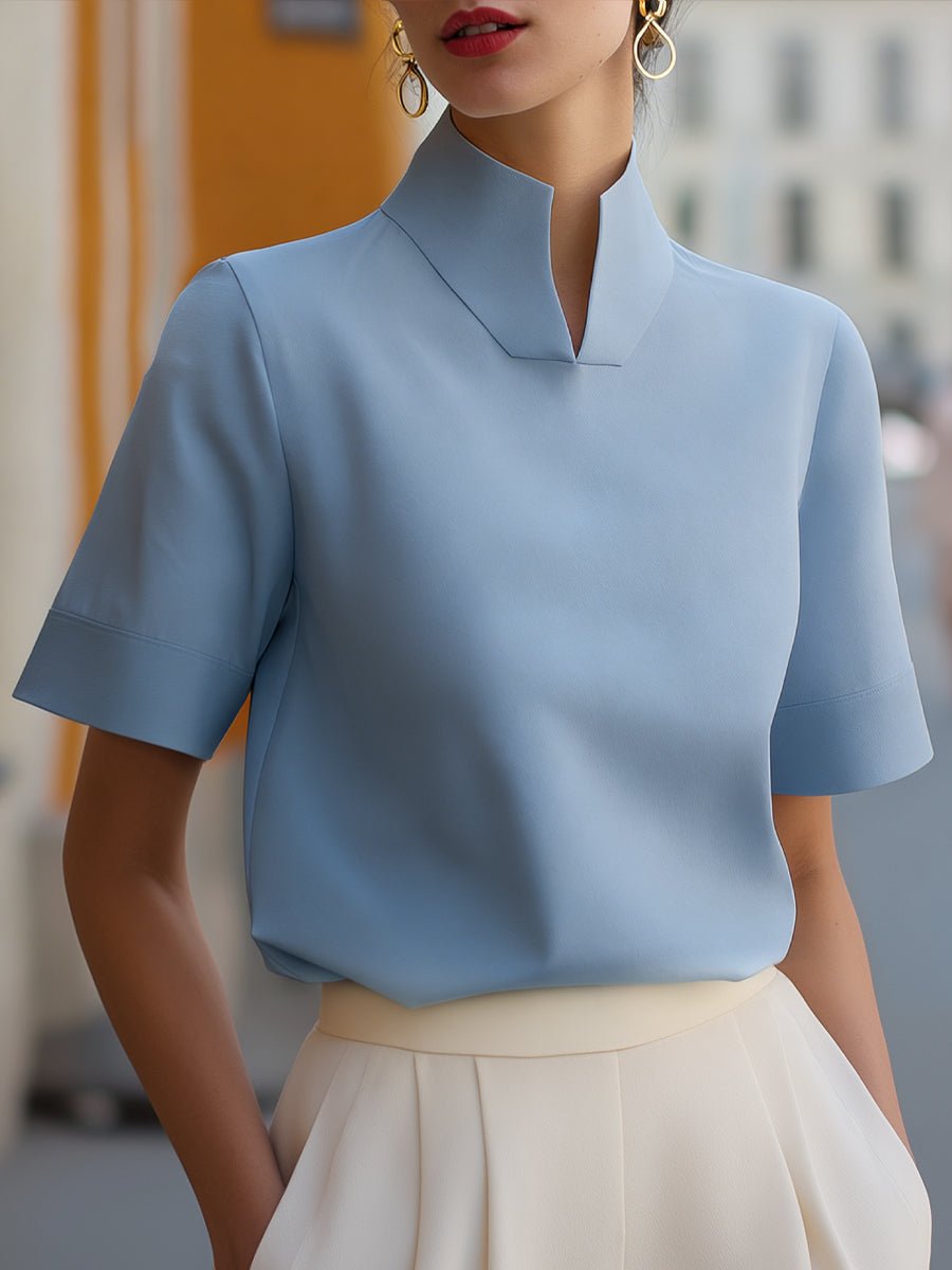 Damen Business Stehkragen Kurzarm Bluse - Blue