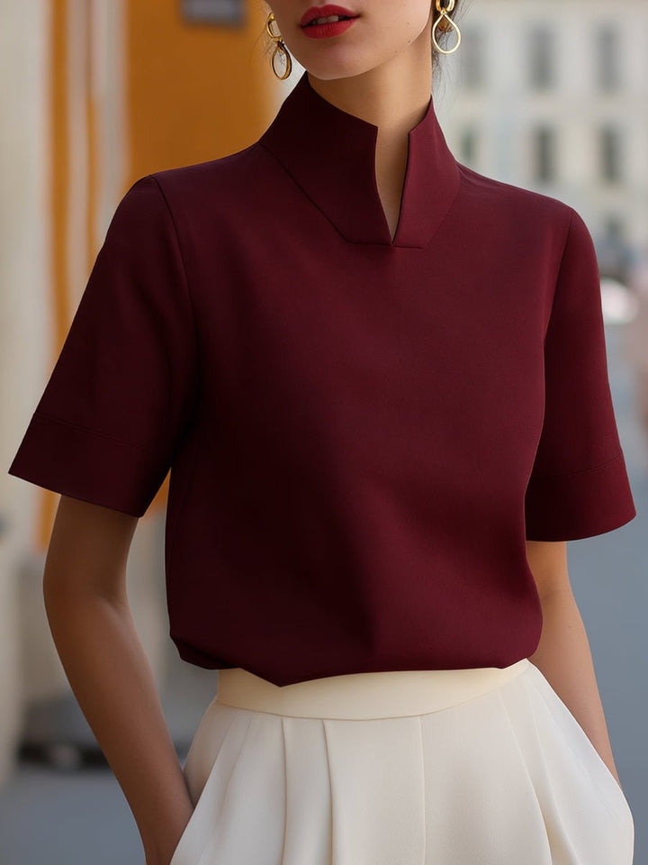 Damen Business Stehkragen Kurzarm Bluse - Burgundy