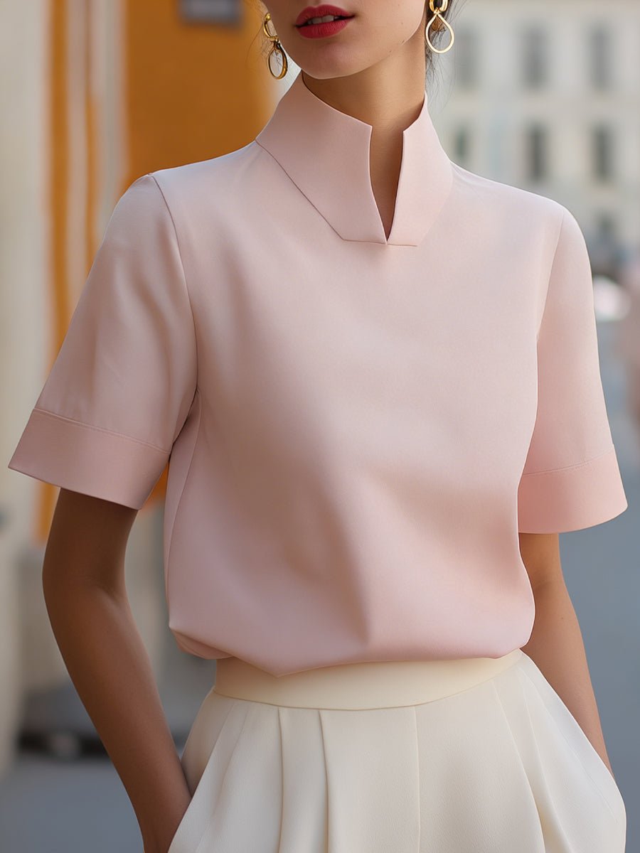 Damen Business Stehkragen Kurzarm Bluse - Pink