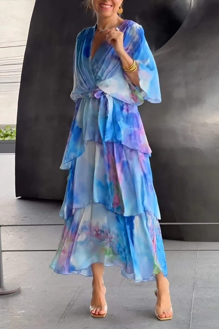 Damen Chiffon-Maxikleid mit Wasserfarben-Blumenmuster - Blue
