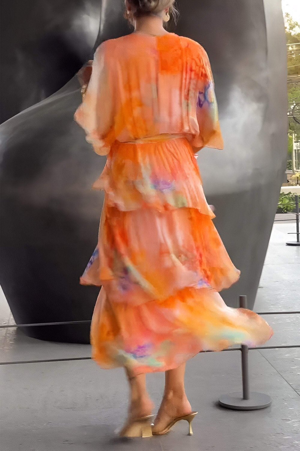 Damen Chiffon-Maxikleid mit Wasserfarben-Blumenmuster