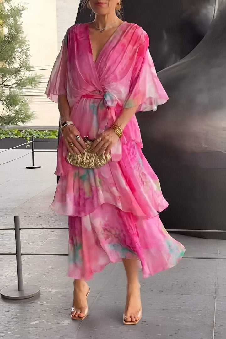 Damen Chiffon-Maxikleid mit Wasserfarben-Blumenmuster - Pink