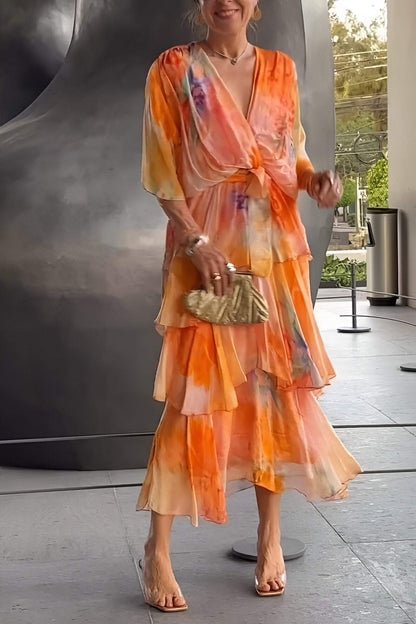 Damen Chiffon-Maxikleid mit Wasserfarben-Blumenmuster - Orange