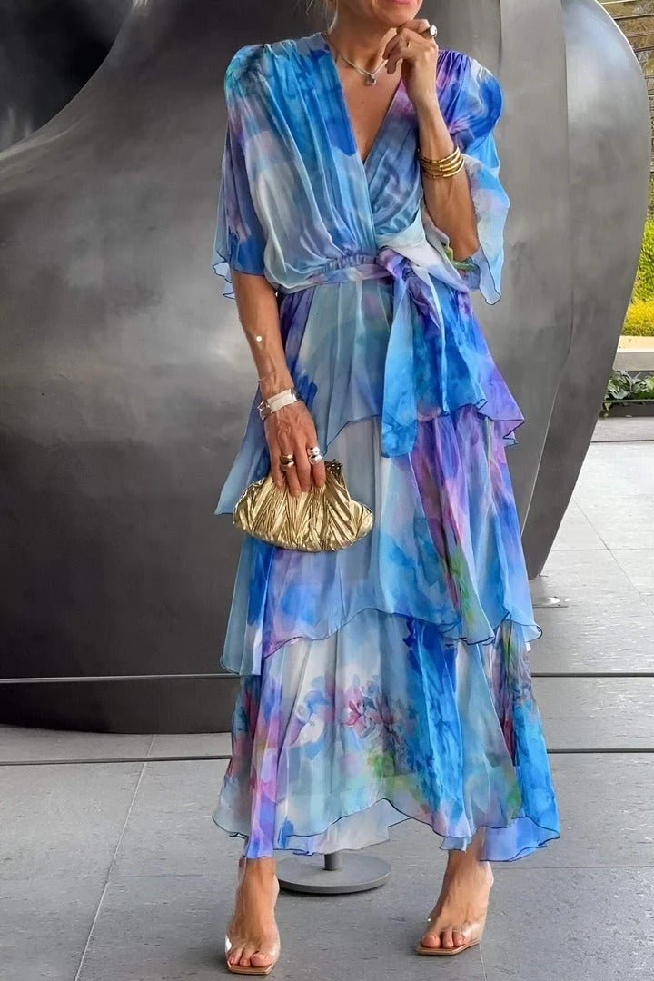 Damen Chiffon-Maxikleid mit Wasserfarben-Blumenmuster