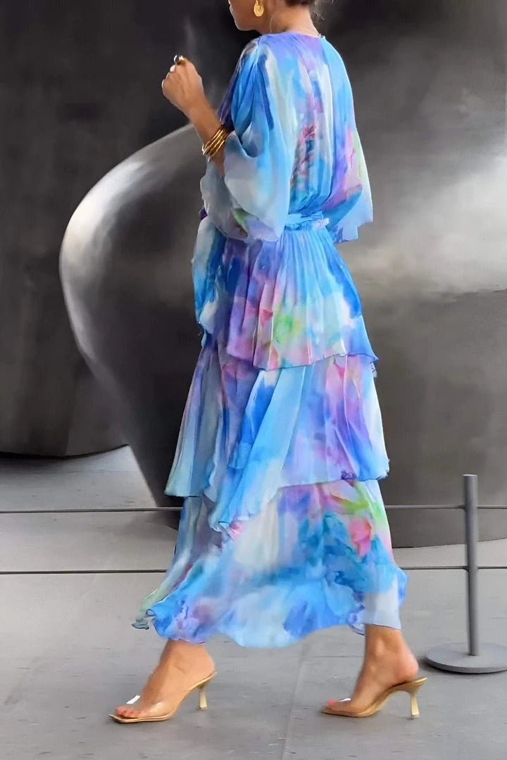 Damen Chiffon-Maxikleid mit Wasserfarben-Blumenmuster