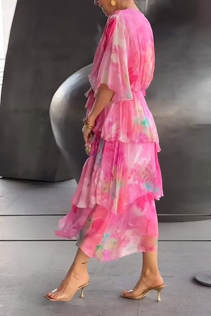 Damen Chiffon-Maxikleid mit Wasserfarben-Blumenmuster