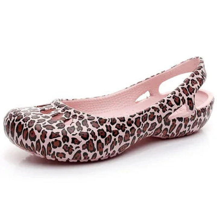 Damen Comfortable Sandals Flache Jelly-Schuhe Slingback Ausschnitt - Leopardmuster Rosa