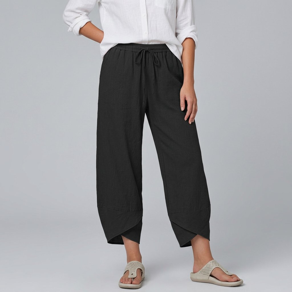Damen Culotte mit elastischem Bund Sommer Leinen - Black
