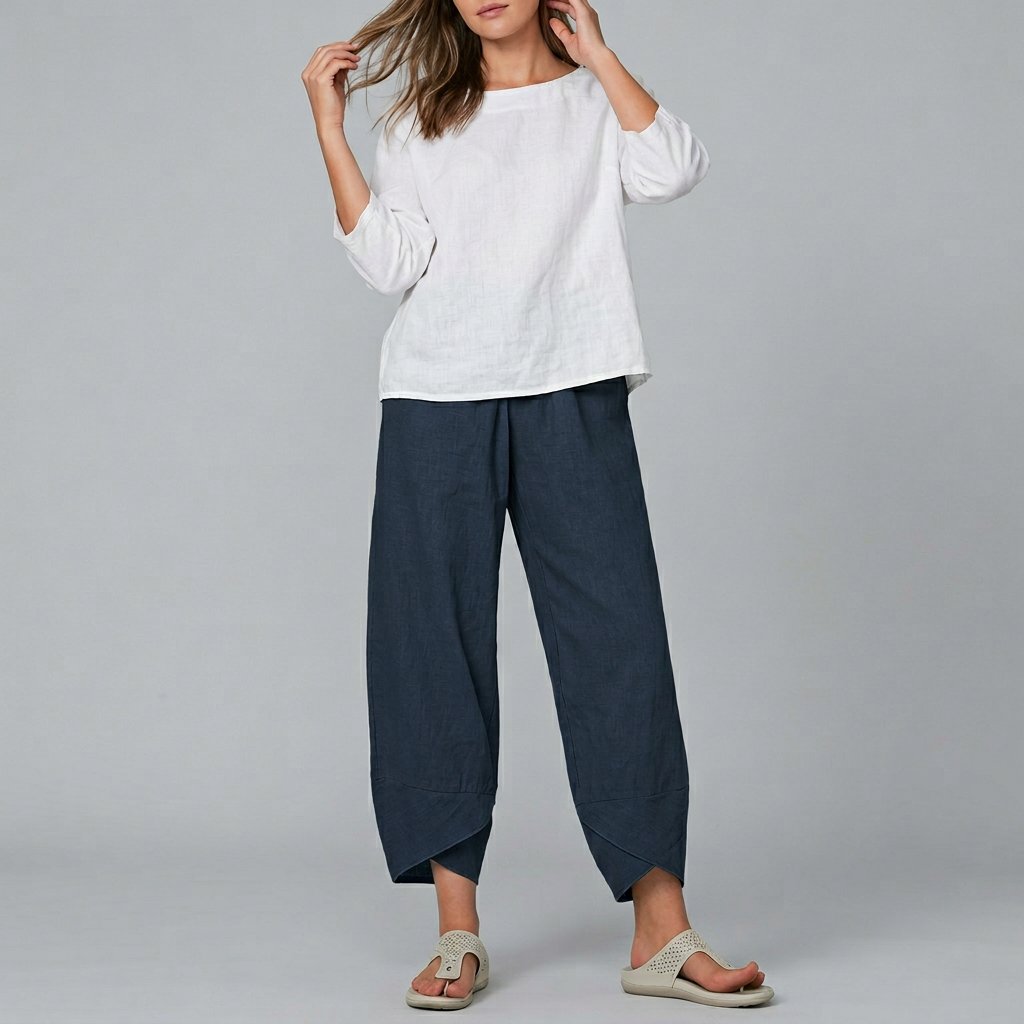 Damen Culotte mit elastischem Bund Sommer Leinen - Navy Blue