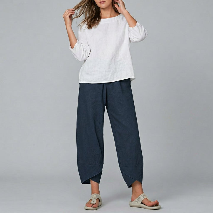 Damen Culotte mit elastischem Bund Sommer Leinen - Navy Blue