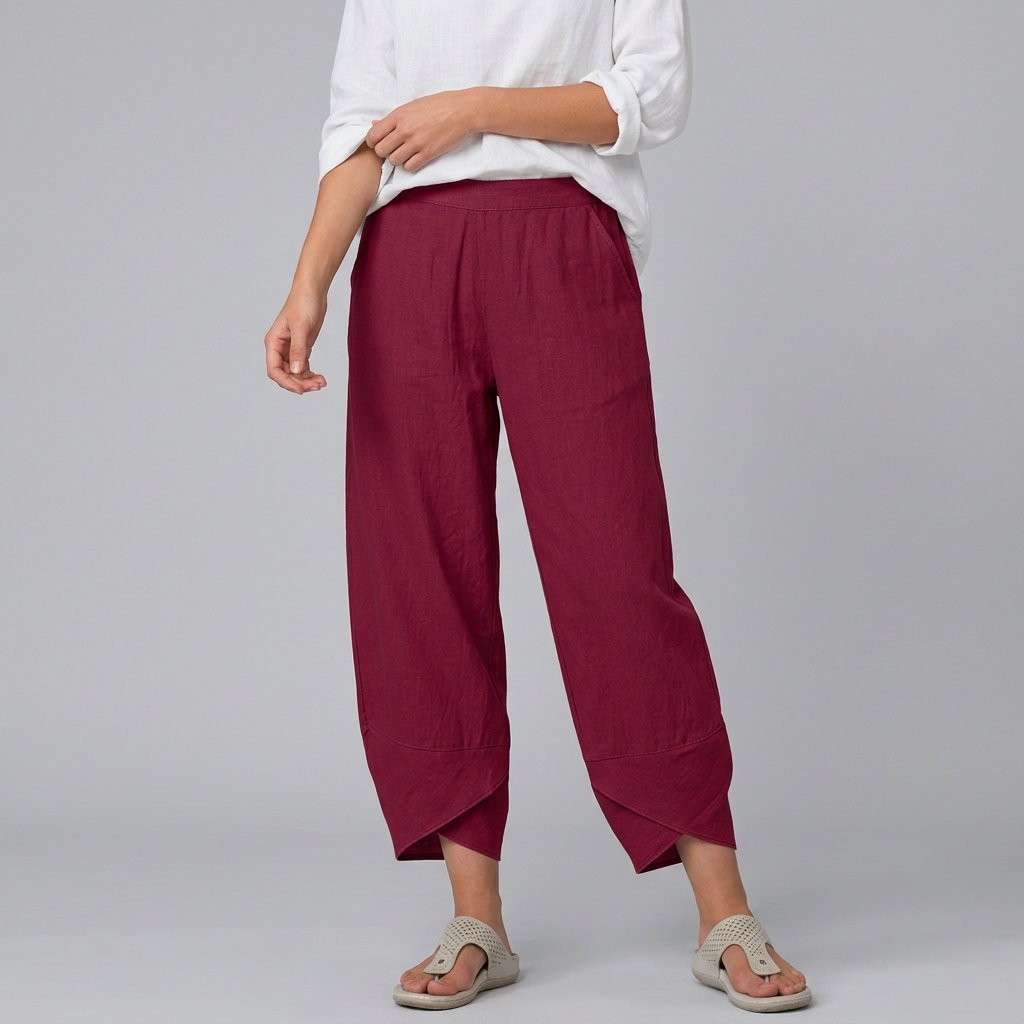 Damen Culotte mit elastischem Bund Sommer Leinen - Wine Red