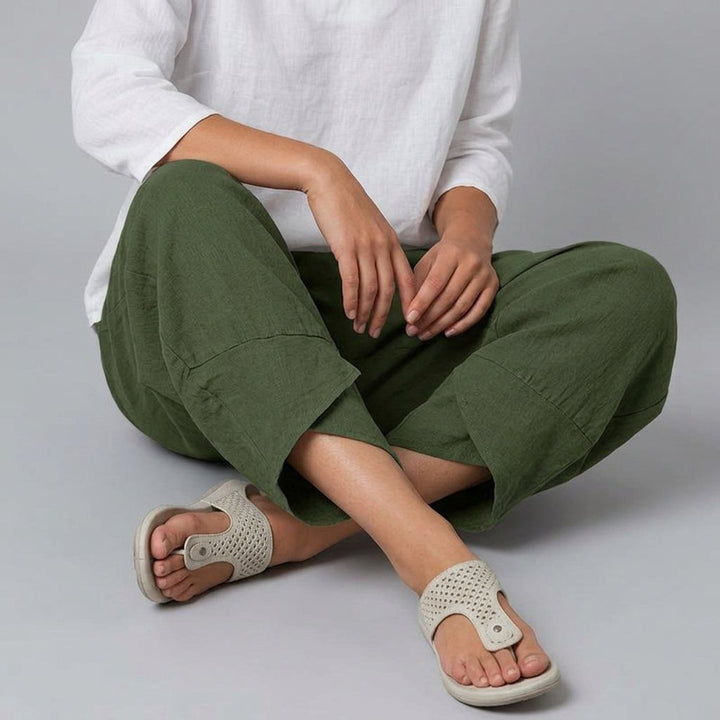 Damen Culotte mit elastischem Bund Sommer Leinen - Army Green