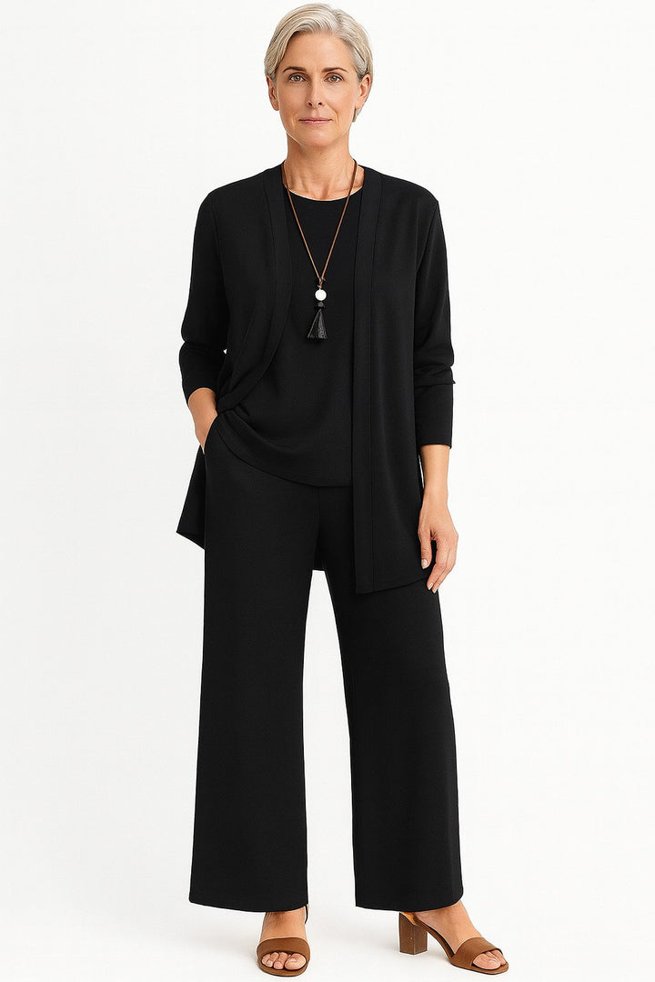 Damen Dreiteiliges Cardigan Tank Top Weite Hosen Set - Black