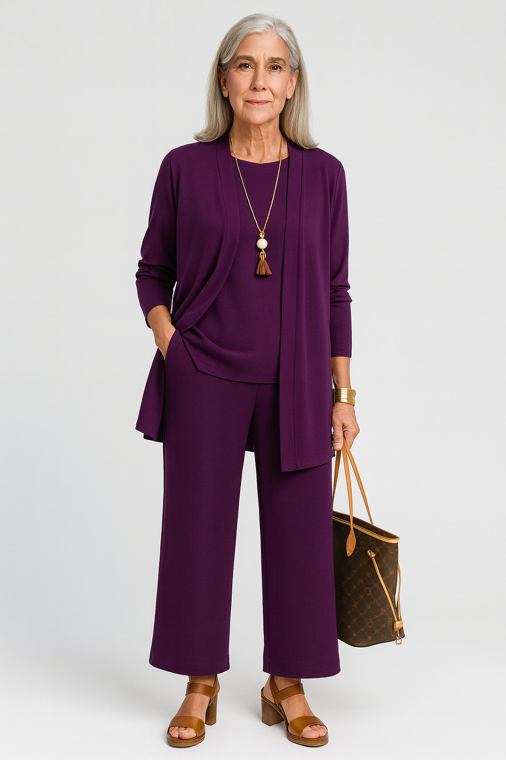 Damen Dreiteiliges Cardigan Tank Top Weite Hosen Set - Purple