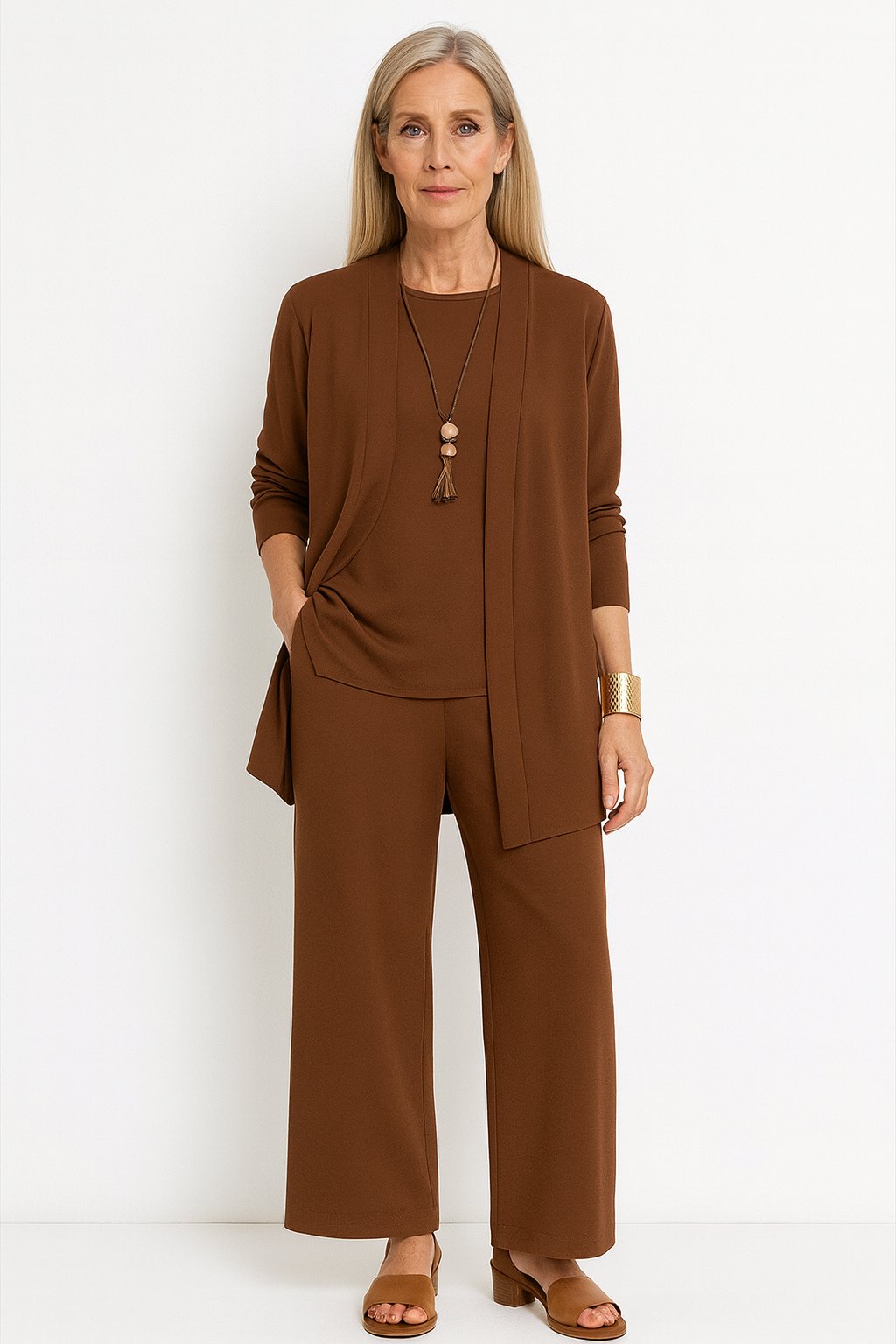 Damen Dreiteiliges Cardigan Tank Top Weite Hosen Set - Brown