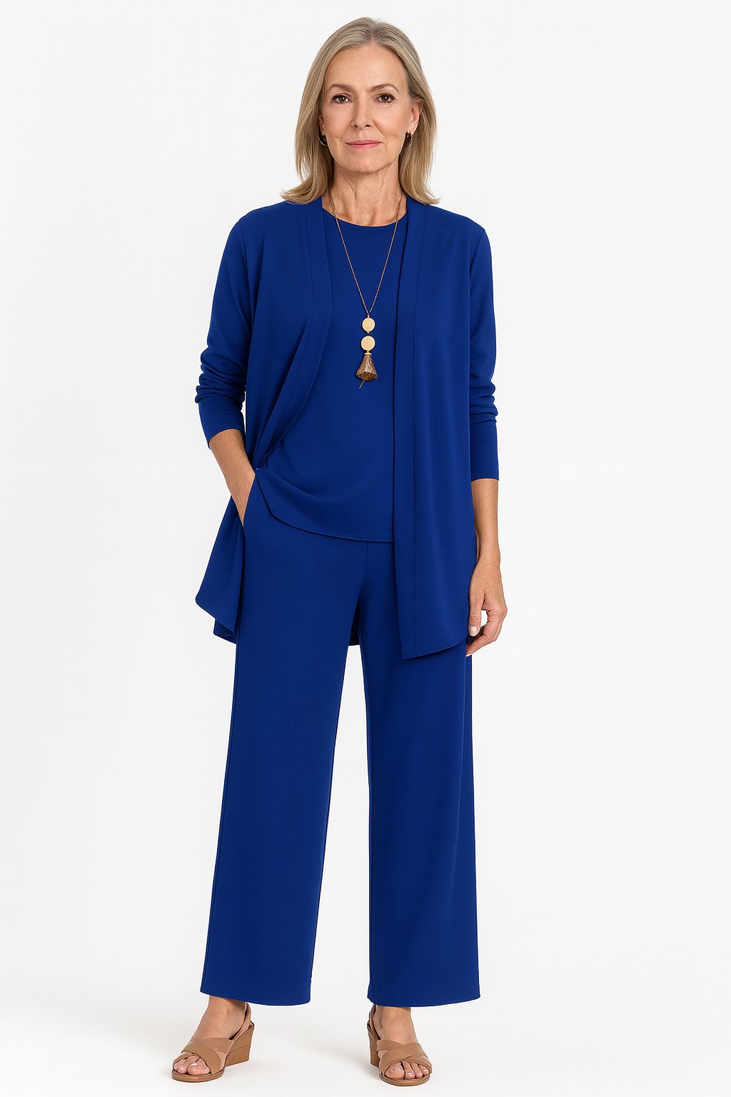 Damen Dreiteiliges Cardigan Tank Top Weite Hosen Set - Blue