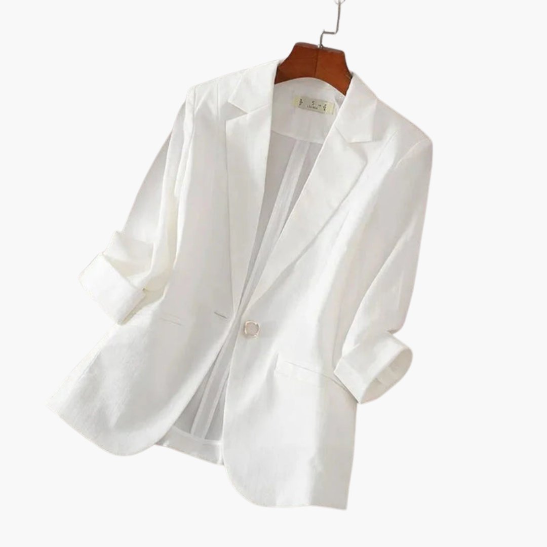 Damen Dreiviertelarm Leinen Blazer mit Knopfverschluss - White