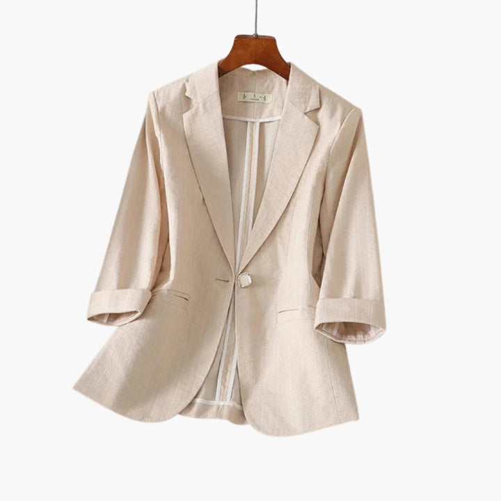 Damen Dreiviertelarm Leinen Blazer mit Knopfverschluss - Beige