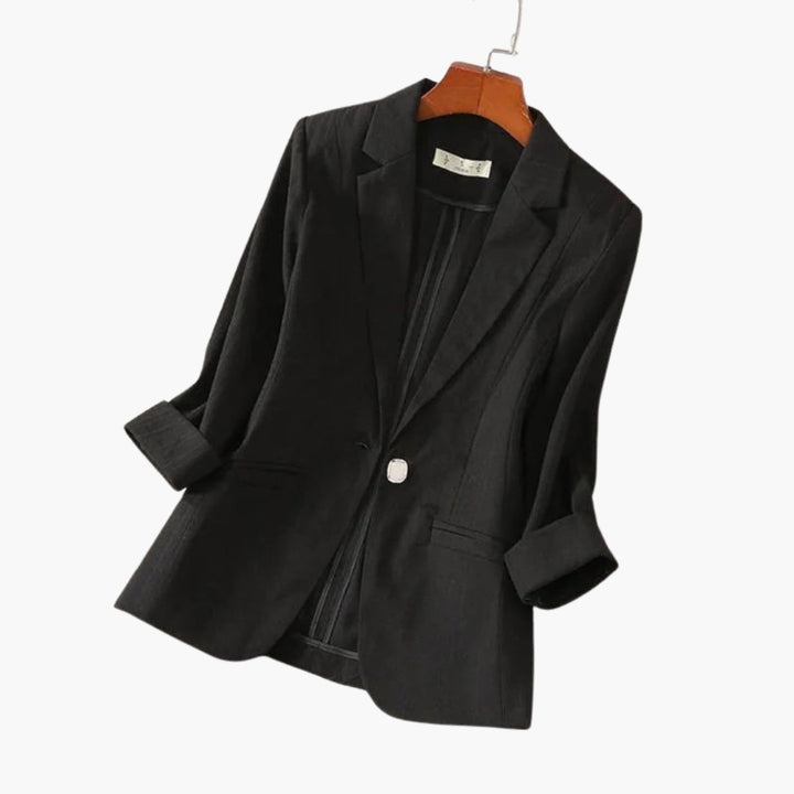 Damen Dreiviertelarm Leinen Blazer mit Knopfverschluss - Black