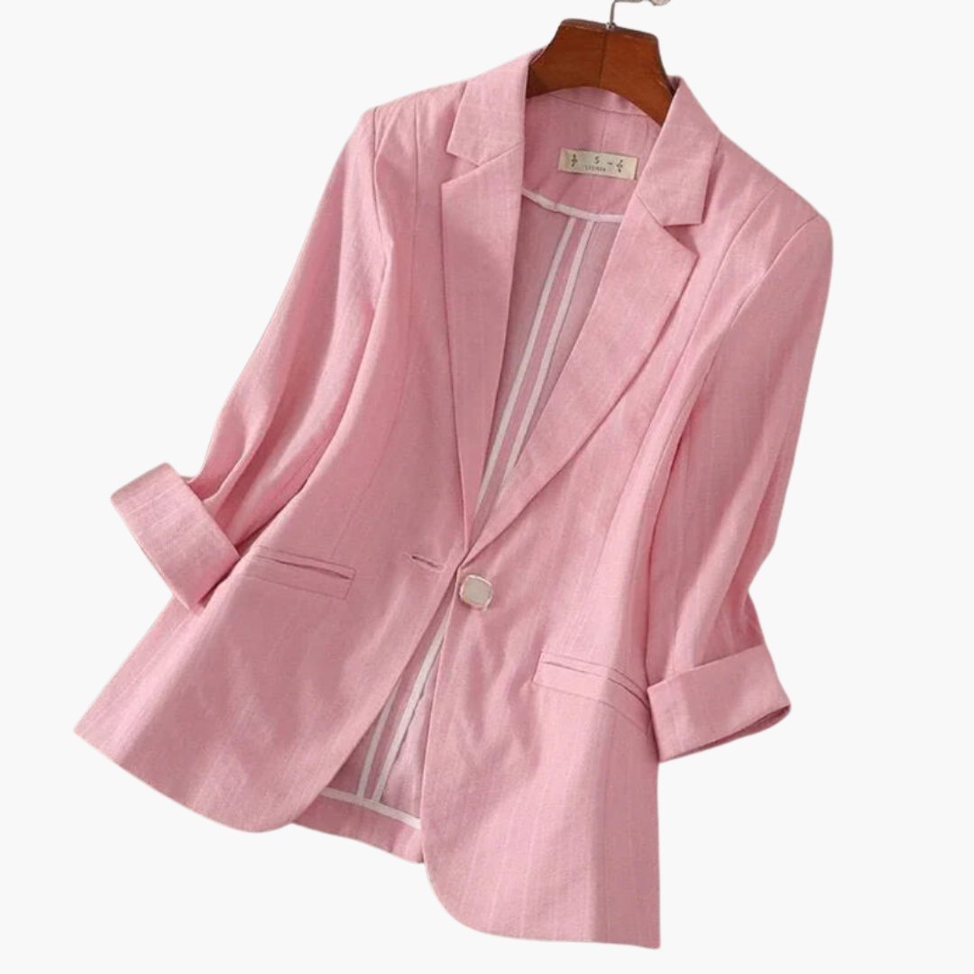 Damen Dreiviertelarm Leinen Blazer mit Knopfverschluss - Pink