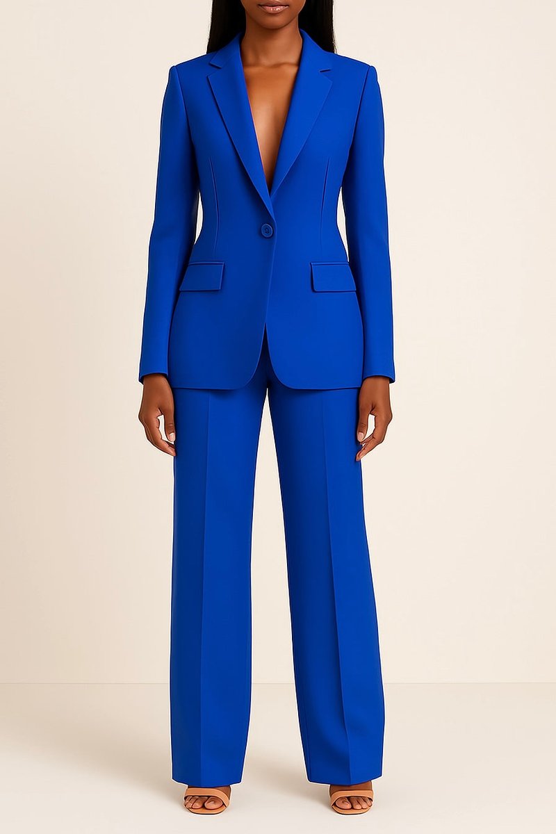 Damen Einknopf-Blazer Hosen Set Weiter Schnitt - Blau