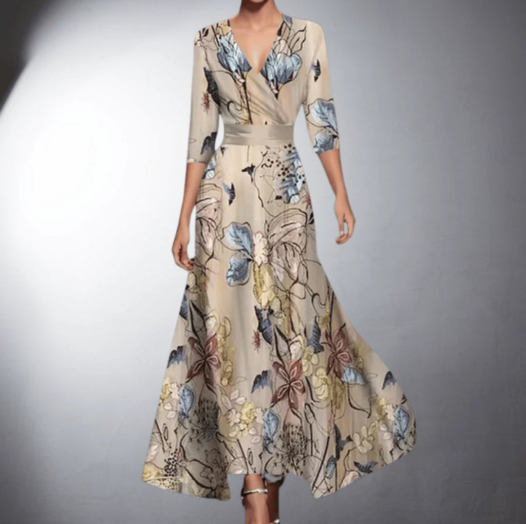 Damen Elegante Blumen Maxi Wickelkleid Formelle Kleider V-Ausschnitt - Blumenmuster