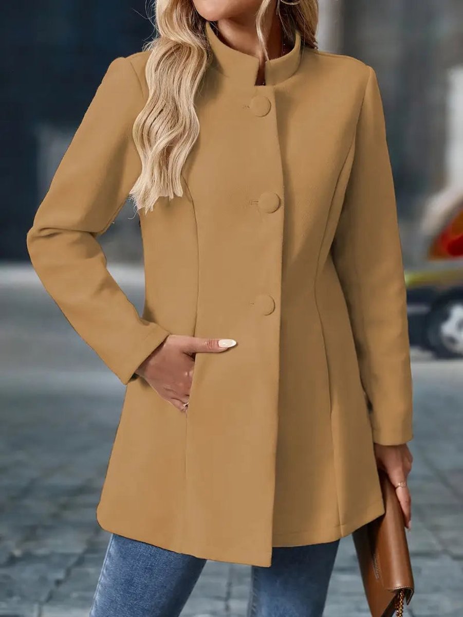 Damen Eleganter Knopfleisten-Wintermantel Stehkragen Langer Schnitt