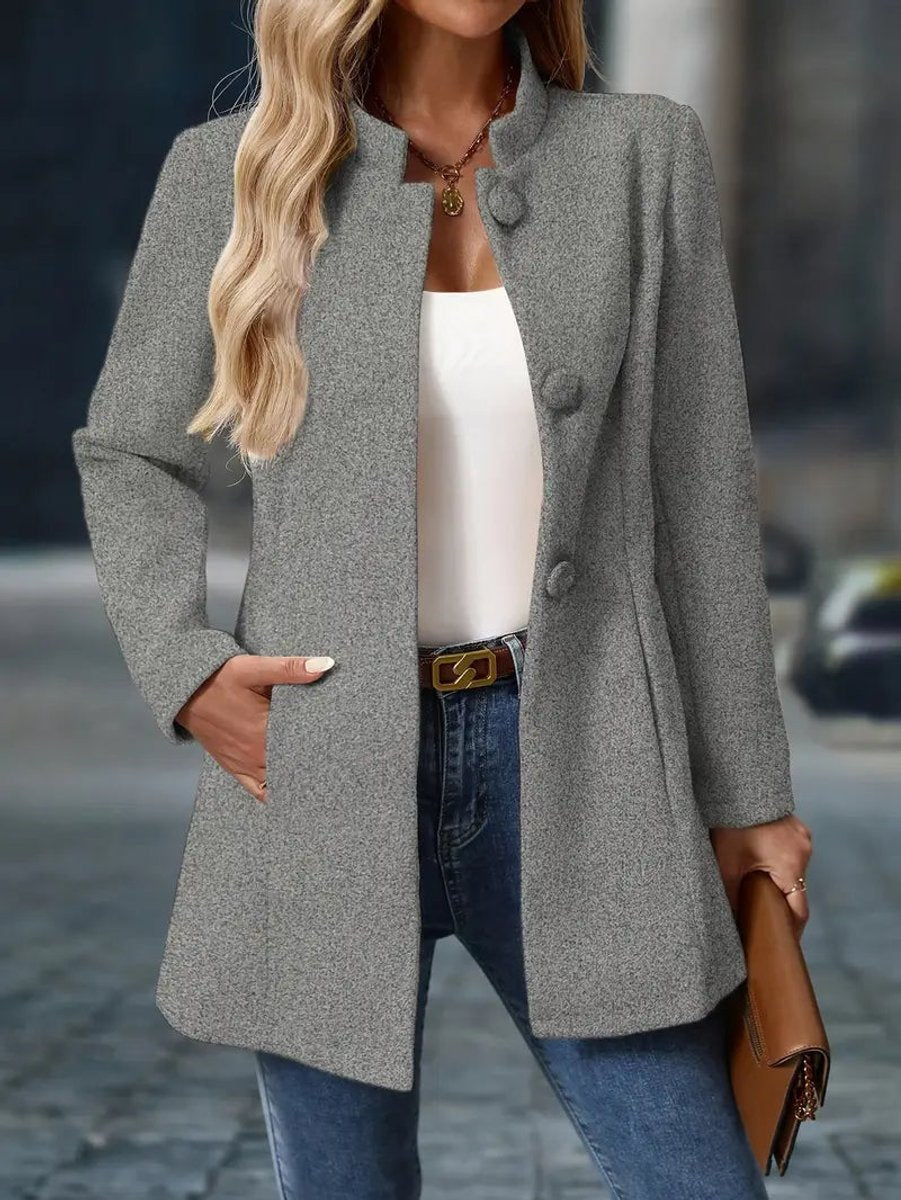 Damen Eleganter Knopfleisten-Wintermantel Stehkragen Langer Schnitt - Grau