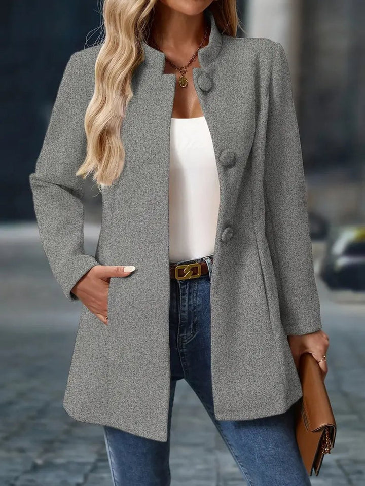 Damen Eleganter Knopfleisten-Wintermantel Stehkragen Langer Schnitt - Grau