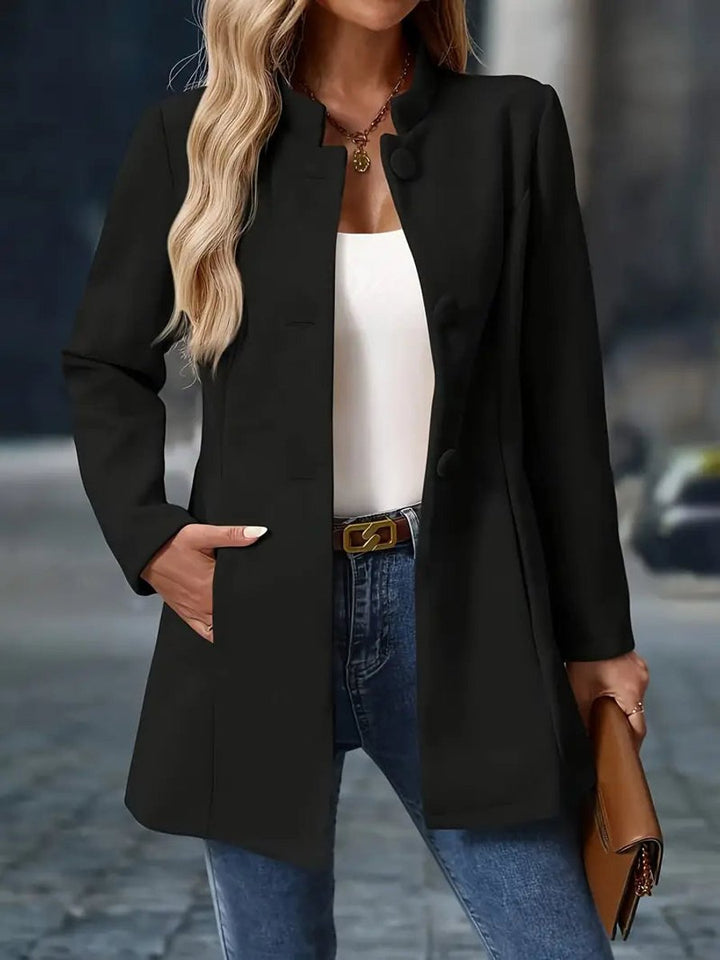 Damen Eleganter Knopfleisten-Wintermantel Stehkragen Langer Schnitt - Schwarz