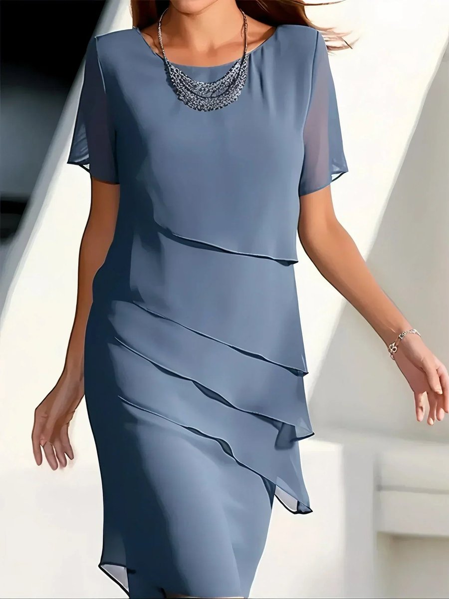 Damen Elegantes Chiffon Cocktailkleid Mehrlagig Kurzarm - Blau
