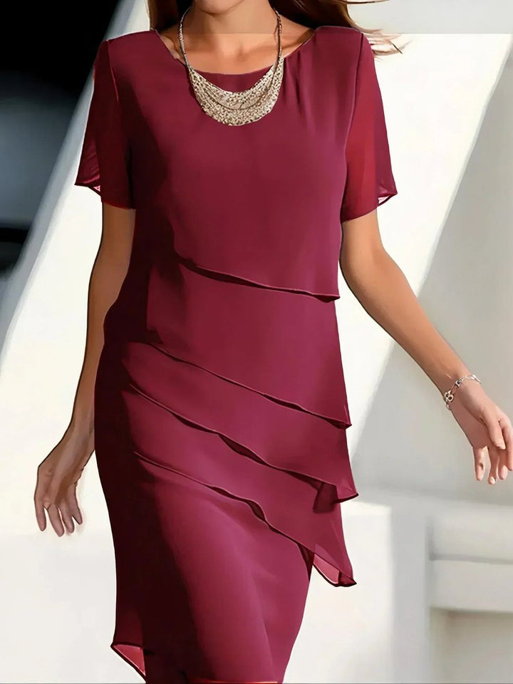 Damen Elegantes Chiffon Cocktailkleid Mehrlagig Kurzarm - Rot
