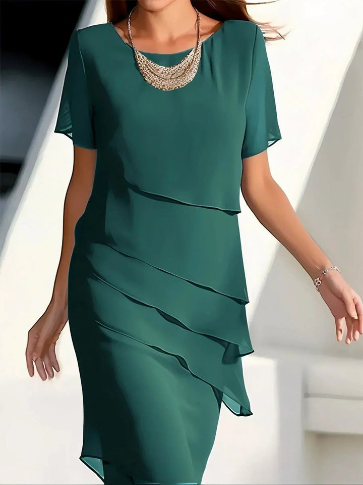 Damen Elegantes Chiffon Cocktailkleid Mehrlagig Kurzarm - Grün