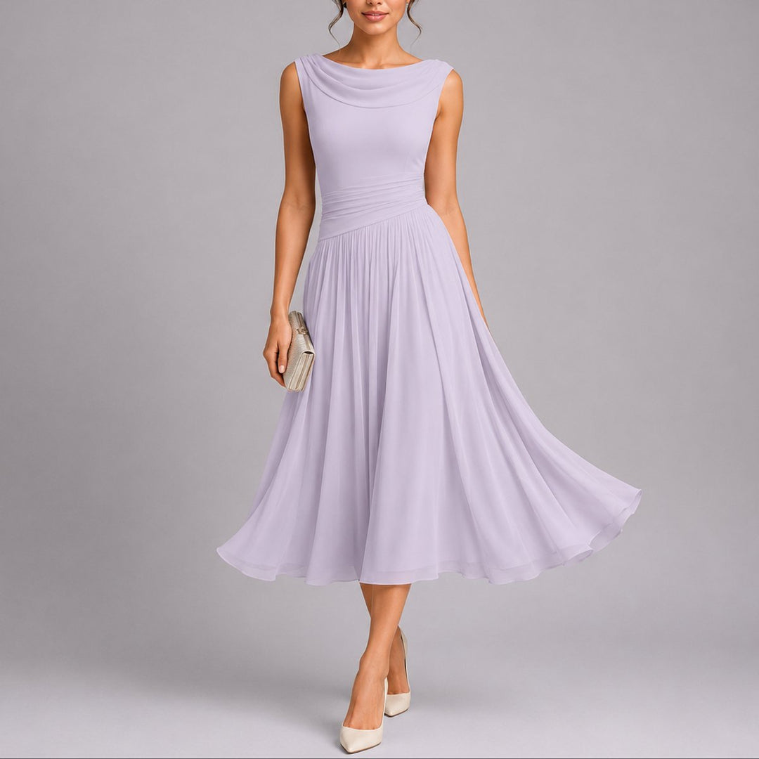 Damen Elegantes Plissee-Midi-Kleid Hochzeitsgast Herbst Wasserfallausschnitt - Lila