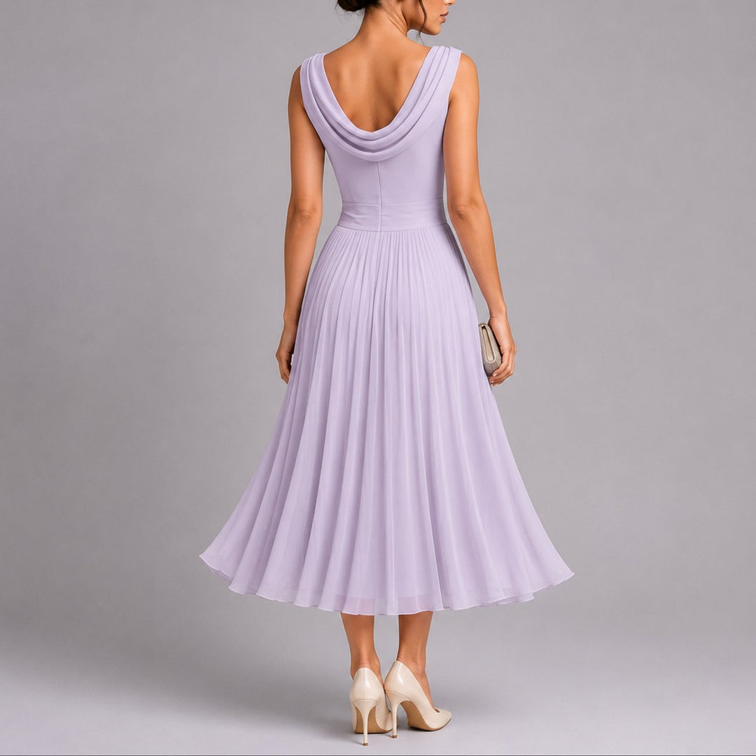 Damen Elegantes Plissee-Midi-Kleid Hochzeitsgast Herbst Wasserfallausschnitt
