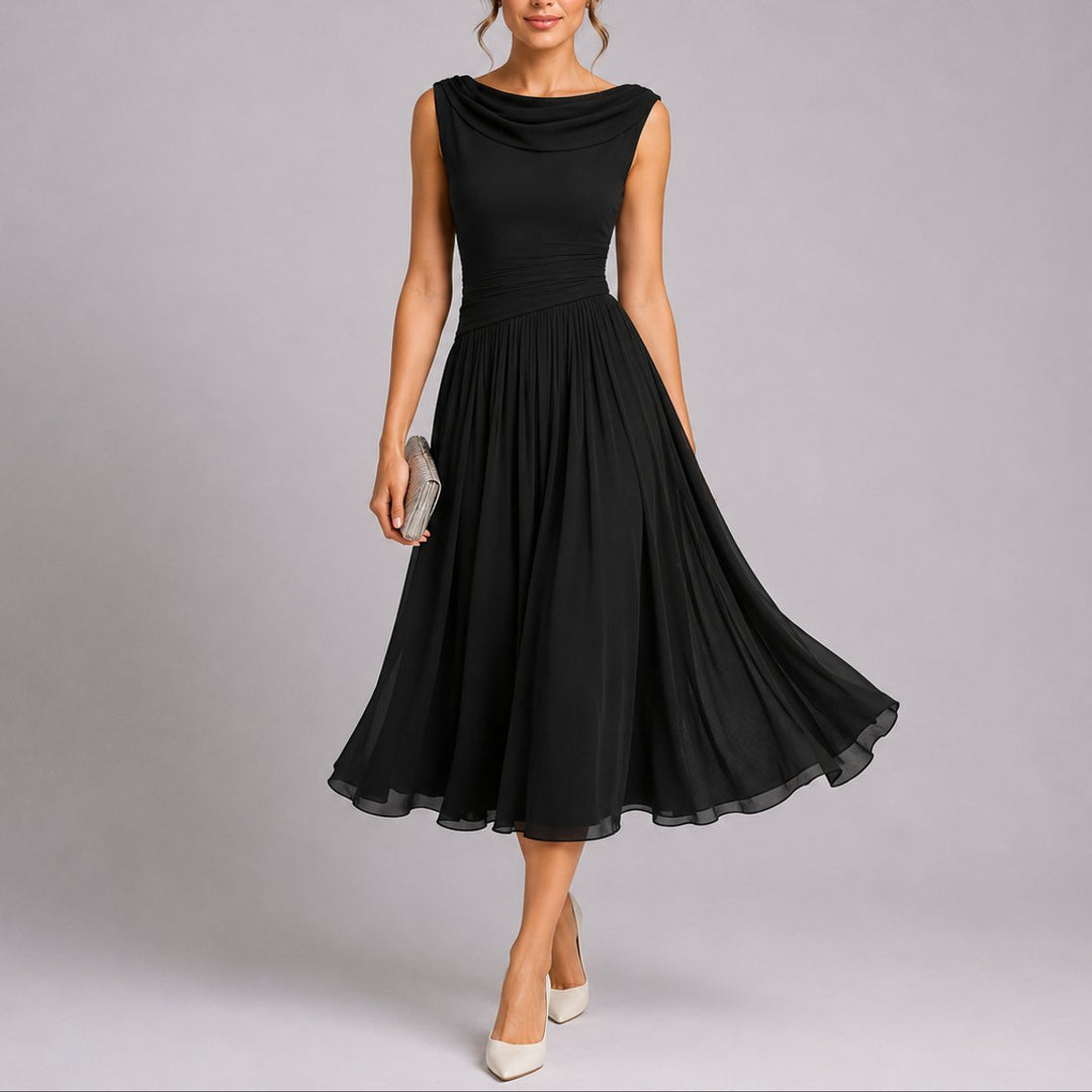 Damen Elegantes Plissee-Midi-Kleid Hochzeitsgast Herbst Wasserfallausschnitt - Schwarz