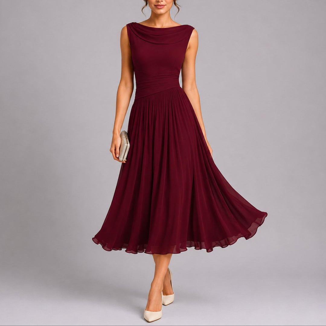 Damen Elegantes Plissee-Midi-Kleid Hochzeitsgast Herbst Wasserfallausschnitt - Rot