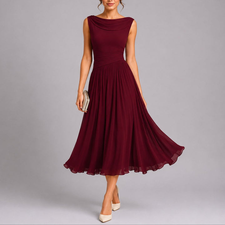 Damen Elegantes Plissee-Midi-Kleid Hochzeitsgast Herbst Wasserfallausschnitt - Rot