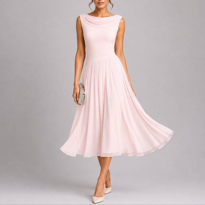 Damen Elegantes Plissee-Midi-Kleid Hochzeitsgast Herbst Wasserfallausschnitt - Rosa
