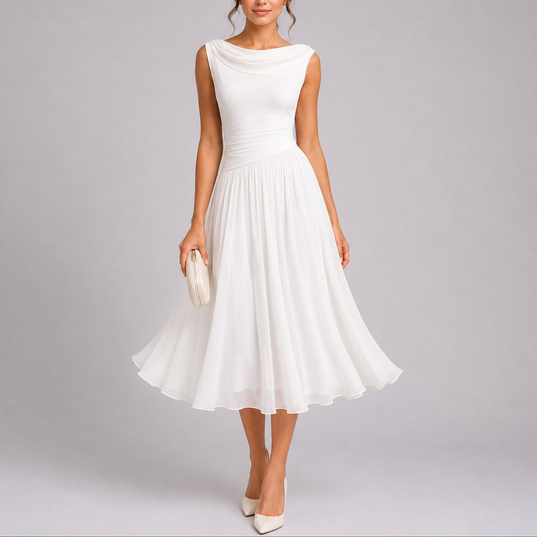 Damen Elegantes Plissee-Midi-Kleid Hochzeitsgast Herbst Wasserfallausschnitt - Weiß