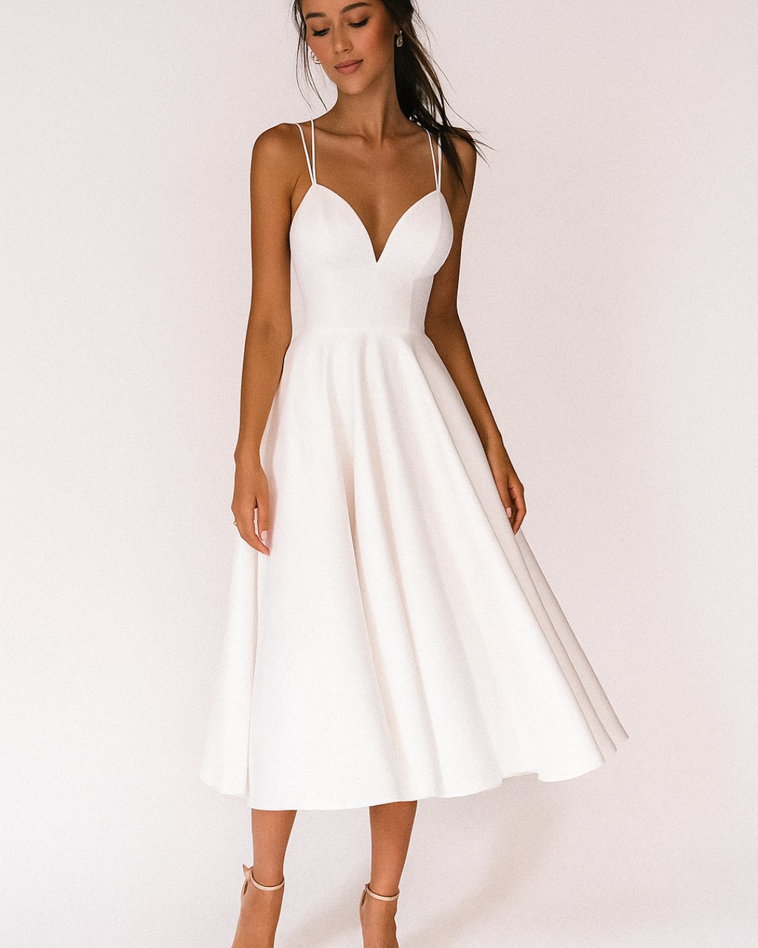 Damen Elegantes Spaghetti-Träger Midi-Kleid für Hochzeitsgäste - Wit