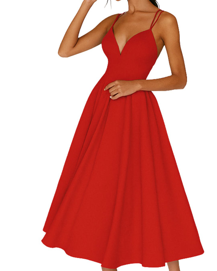 Damen Elegantes Spaghetti-Träger Midi-Kleid für Hochzeitsgäste - Rood