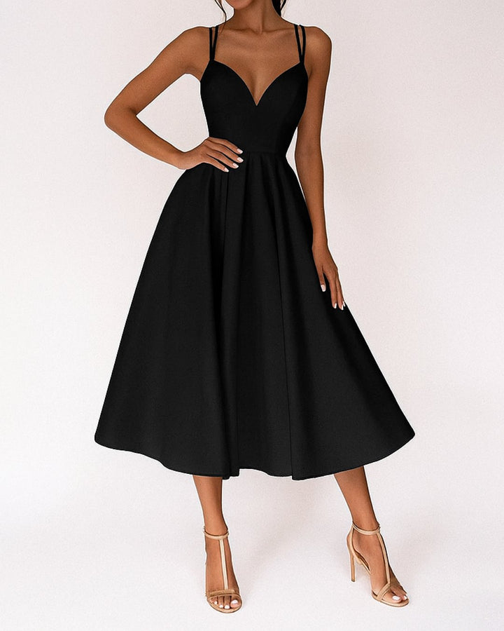 Damen Elegantes Spaghetti-Träger Midi-Kleid für Hochzeitsgäste - Zwart