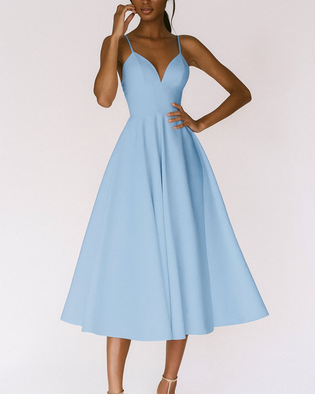Damen Elegantes Spaghetti-Träger Midi-Kleid für Hochzeitsgäste - Blauw